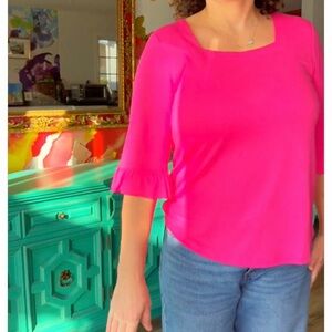 Women’s Bright Pink Square-Neck Ruffle Sleeve Top